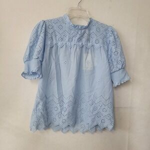 Industry Republic Angel Falls Eyelet Smocked Cuff Top Light Blue Womens M New